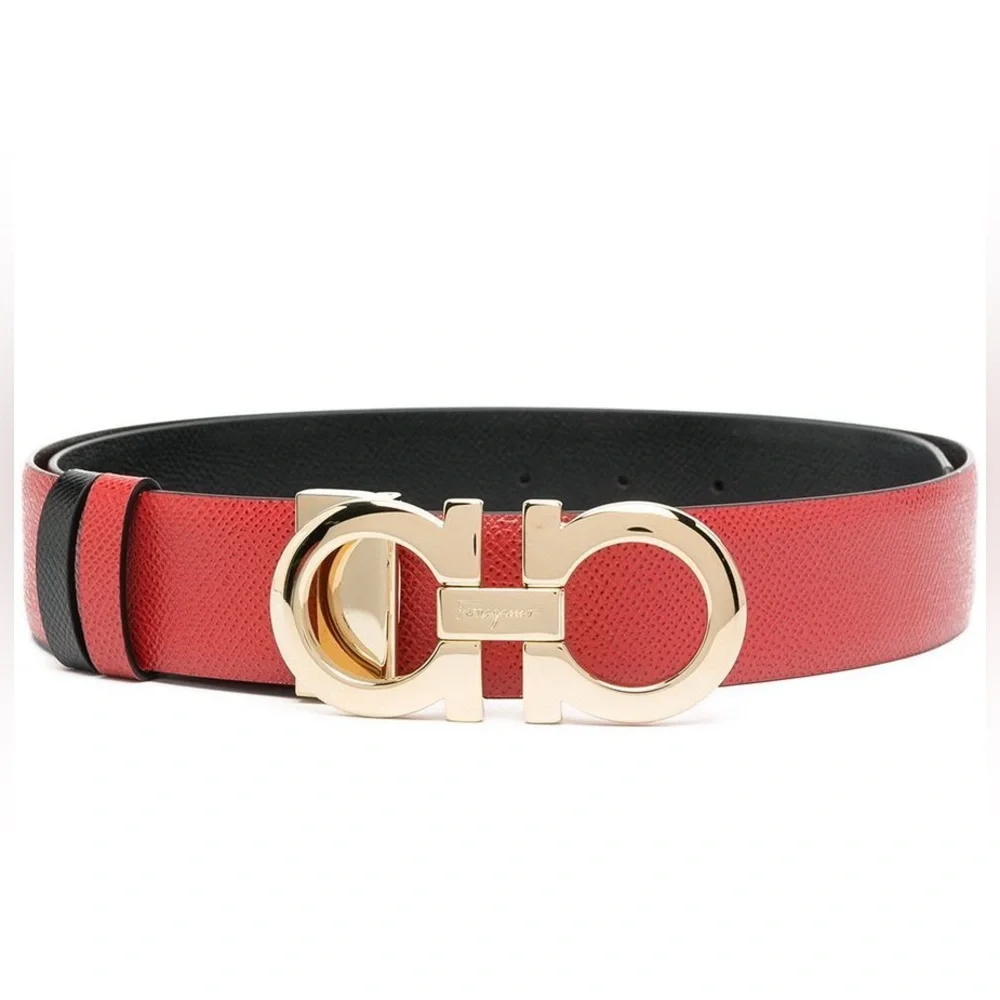 Salvatore Ferragamo Gancini Reversible Red Black Leather Belt Gold Buckle